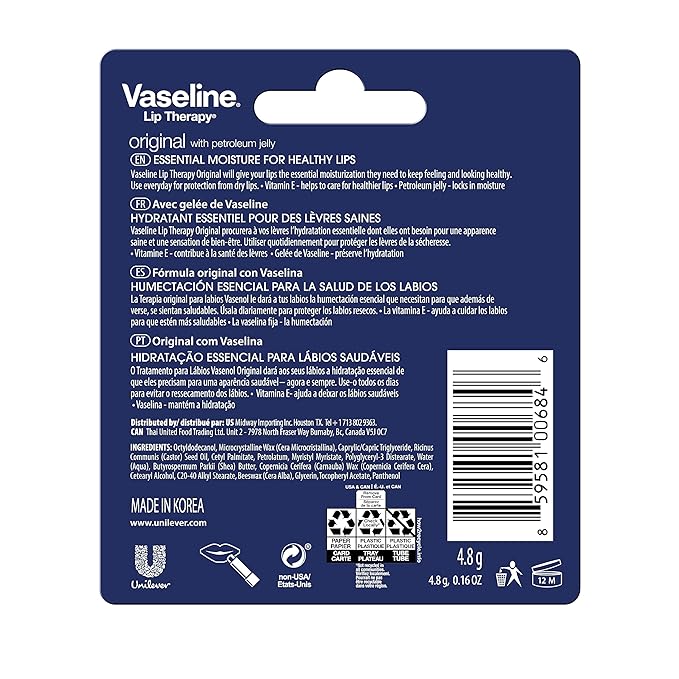 Vaseline Lip Therapy Care Original, Fast-Acting Nourishment, Ideal for Chapped, Dry, Cracked, or Damaged Lips, Lip Balm, 0.16 Ounce (Pack of 24)