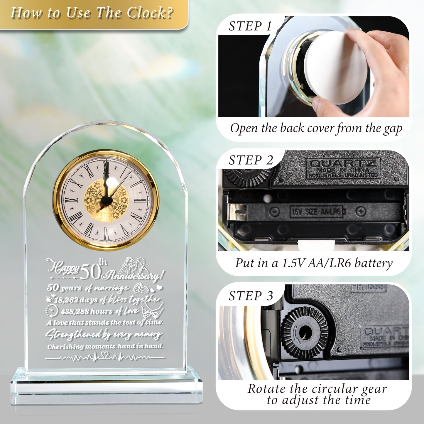 QIANCHANG 50th Anniversary Crystal Quartz Clock: Gift for Parents, 50th Anniversary Delicate Golden Clock, 50th Anniversary Decorative Gift