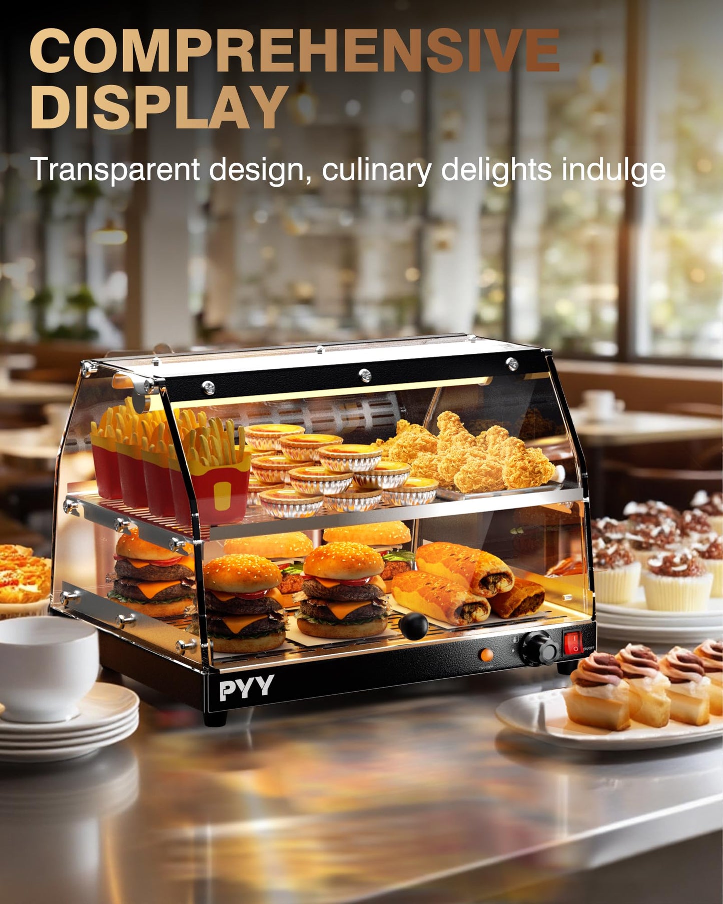 PYY Commercial Food Warmer Display, 2-Tier Electric Countertop Food Warmer with LED Lighting Adjustable Glass Door, Pastry Display Case for Restaurant Black