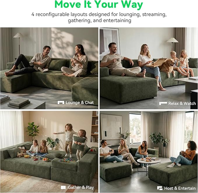 MONVANE 141'' Modular Sectional Sofa, PRO Version U-Shape Boneless Couch, Oversized Deep Seating Cloud Couch, No Assembly, High-Resilience Foam, Soft Corduroy Fabric, for Living Room Apartments Green | Convertible