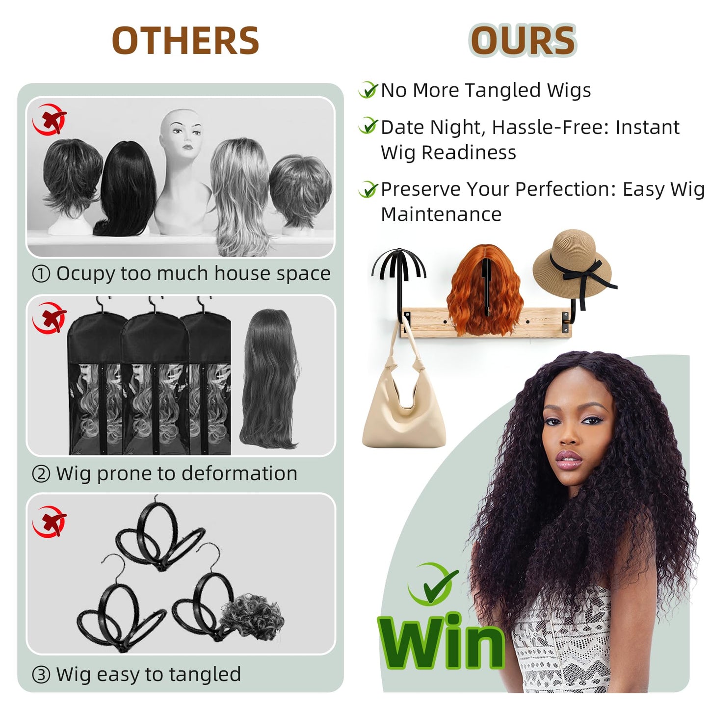 MEEMENG Wig holder for Multiple Wigs, 6 PCS Sturdy Wall - Mounted Hanging Rack for Wigs, Wig Hanger Solution for Drying, Styling