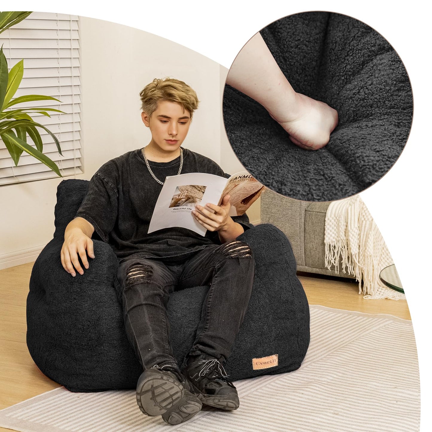 Cvortll Bean Bag Chair with Filler, Bean Bag Sofa with Tufted Soft Stuffed Filling, Fluffy and Lazy Sofa, Comfy Cozy BeanBag Chairs with Memory Foam for Dorm, Apartment, Living Room (Black)
