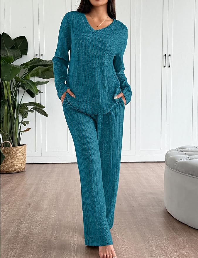 Ekouaer Lounge Sets for Women Long Sleeve Knit Ribbed Pajama Sets 2 Piece Casual Loungewear with Pockets