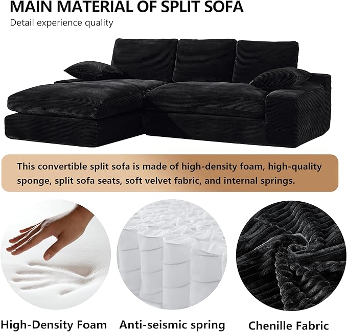 98.4" Black Sectional Sofa Cloud Modular Sectional Couch with Chaise,Corduroy Sectional Couches L-Shaped Modern Upholstered Sofa with Deep Seat for Living Room and Bedroom,No Assembly Required(Black)