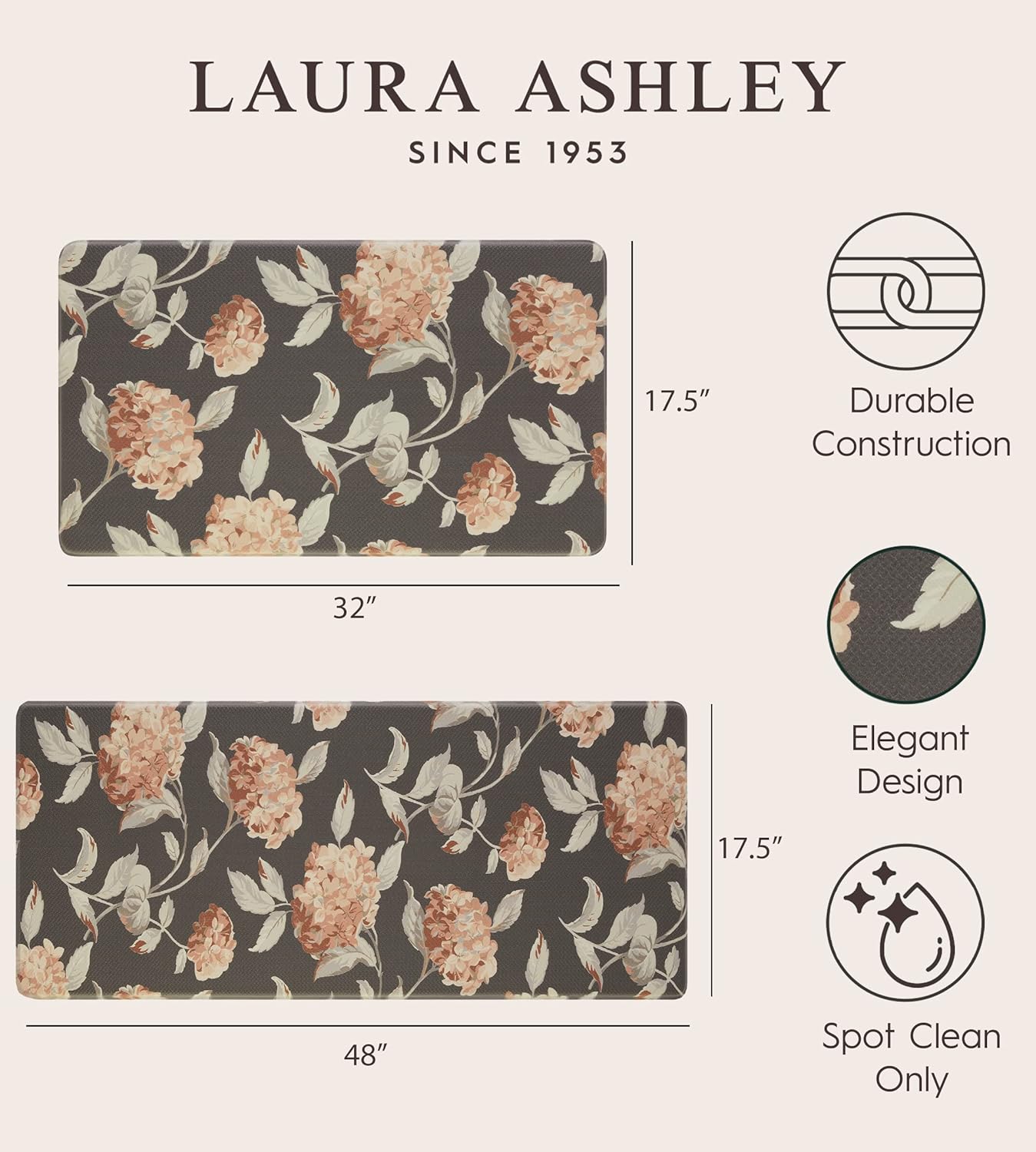 Laura Ashley – Anti-Fatigue Kitchen Mat Set | Hydrangea Floral Design | Stain, Water & Fade Resistant | Cooking & Standing Relief | Non-Slip Backing | Measures 17.5” x 48" and 17.5" x 28"|Grey / Rust