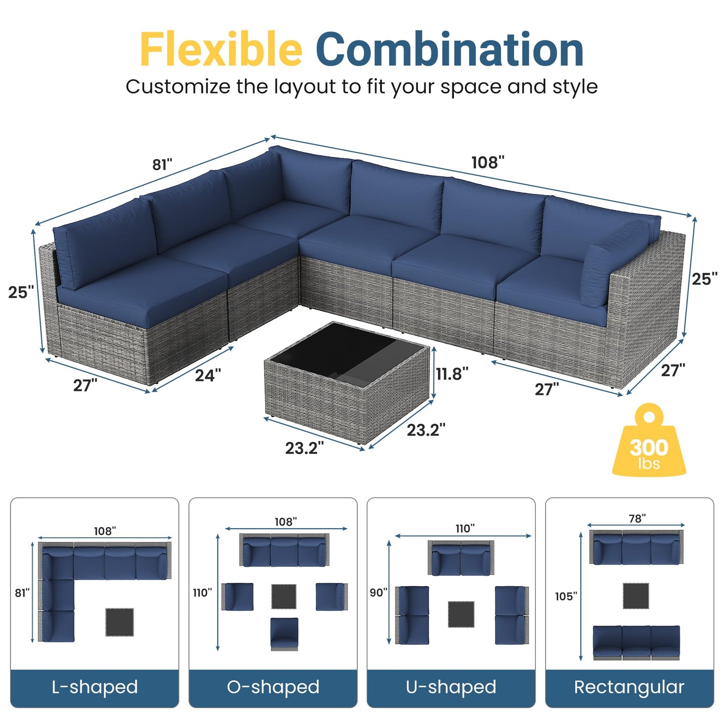 May in Color 7 Pieces Wicker Outdoor Patio Furniture Set, Patio Sectional Sofa with Coffee Table, All-Weather Outdoor Sectional Furniture for Garden Backyard, Navy Blue