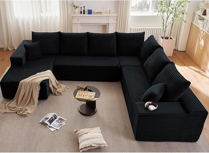 Cloud Sectional Couch with L-Shape Chaise, Upholstered Corduroy Couches Stupendous U Shaped Sofas, Modern Modular Comfy Sofa with Deep Seat for Living Room Bedroom, No Assembly Required, Black