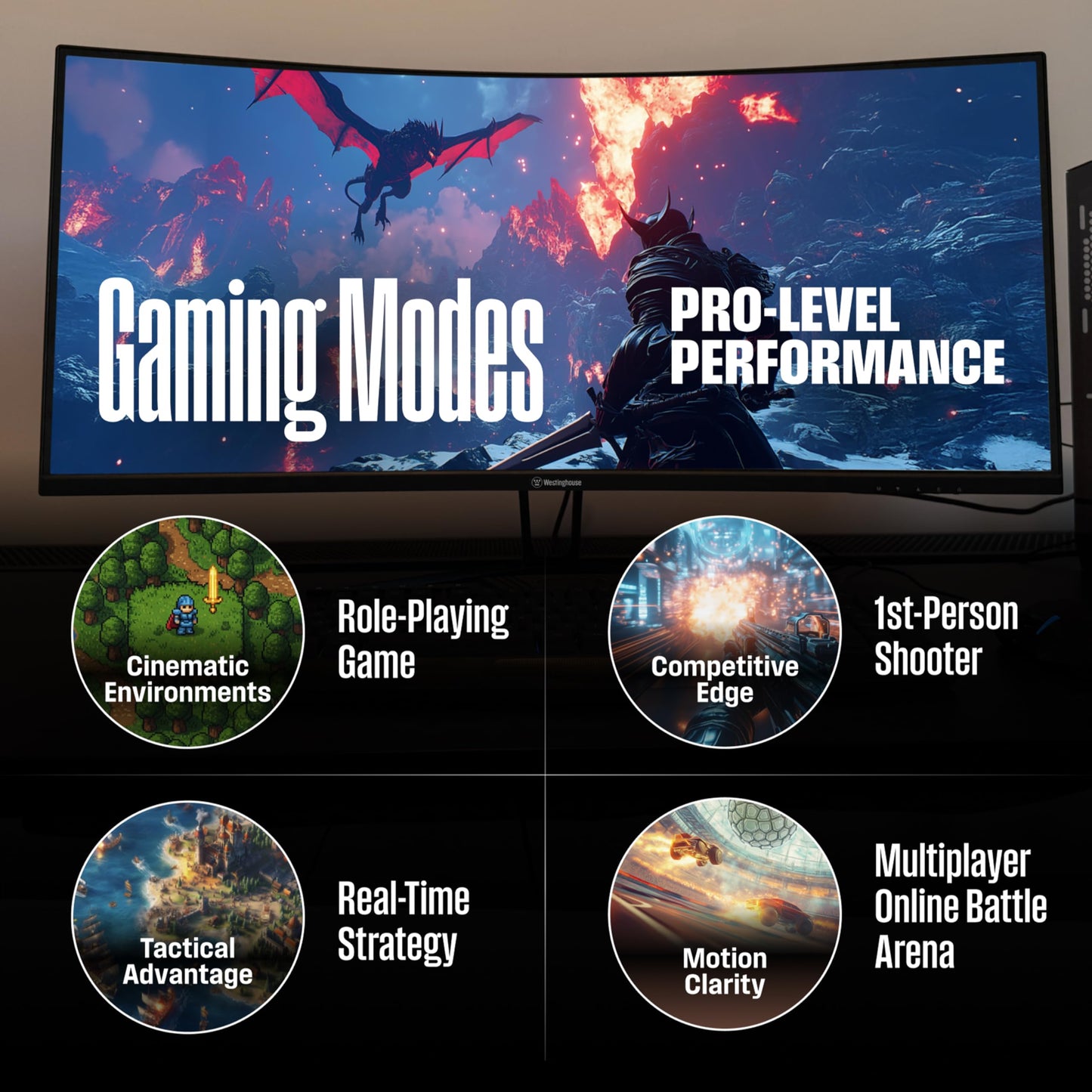 Westinghouse 34 Inch Curved Gaming Monitor, 2K Ultra-WQHD(3440x1440P), AMD FreeSync Premium, 3000:1 Contrast Ratio, 122% sRGB, 180Hz, 1ms, 1500R, Eyecare, Built-in Speakers, DisplayPortx2, HDMIx2