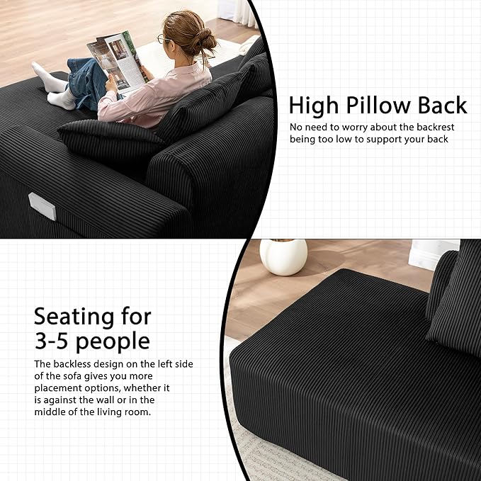 108 '' W Boneless Couch with L-Shape Chaise,No Assembly Required, Upholstery Corduroy Cloud Couch with Deep Seats and 5 Pillows Back, Free Combination (Black)