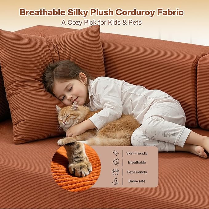 Kelyda 79 Inch Convertible Sofa Bed Couch in Box, 5 in 1 Folding Modular Boneless Couch with Pull Out Bed 2 Pillows, Soft Corduroy Floor Futon Lounge Loveseat Sleeper Lazy Cama No Assembly Orange
