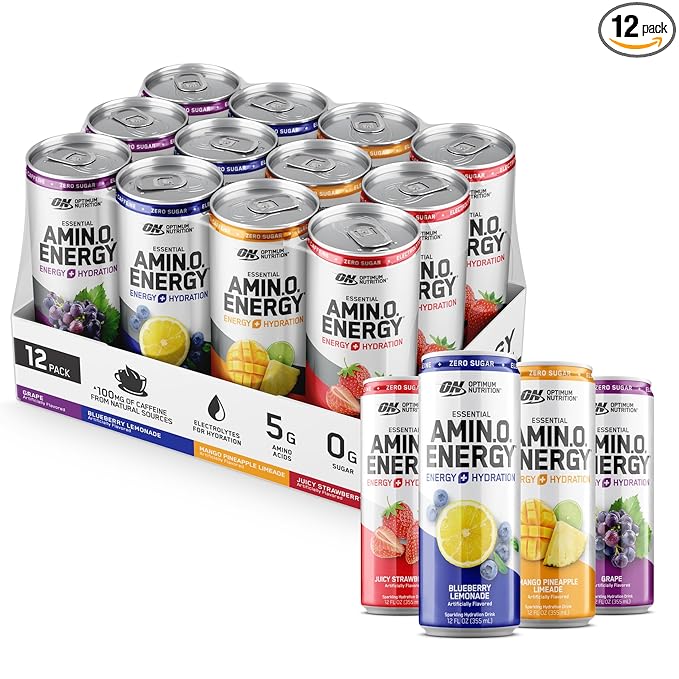 Optimum Nutrition Amino Energy Sparkling Hydration Drink, Electrolytes, Caffeine, Amino Acids, BCAAs, Sugar Free, 12 Fl O...