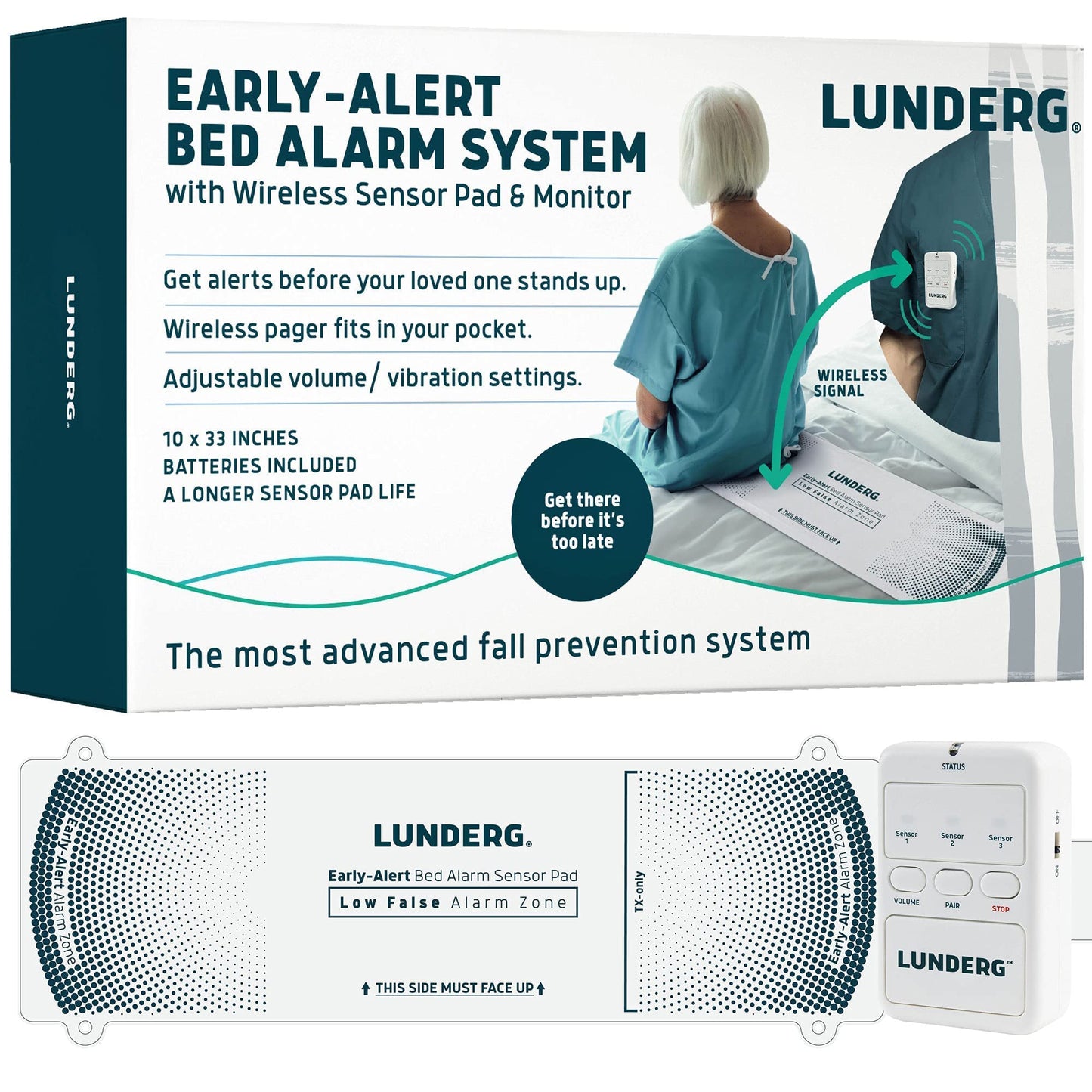 Lunderg Early Alert Bed Alarm for Elderly Adults - Wireless Sensor Pad & Pager - with Pre-Alert Smart Technology - Safety Bed Alarms and Fall Prevention for Elderly and Dementia Patients