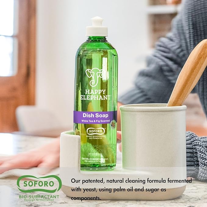Happy Elephant Dish Soap, White Tea & Fig Scent, Natural Biodegradable Liquid Dish Soap, Plant Based, Grease Fighting, Tough on Food, Gentle on Hands, No Synthetic Fragrance, 12 Fl Oz