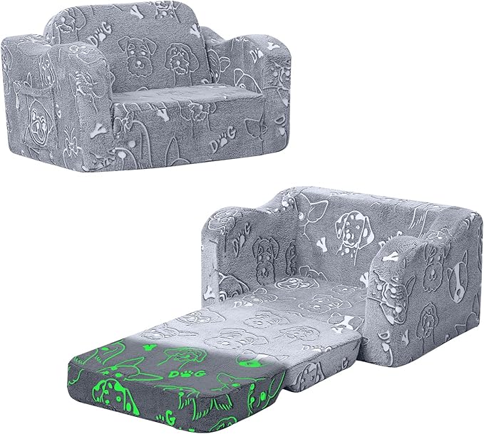 MeMoreCool Glow-in-The-Dark Toddler Sofa Bed – 2-in-1 Convertible Chair & Nap Lounger, Dog Print, Lightweight, Washable for Kids Room | Plush Foam Comfort | Portable Playroom Couch