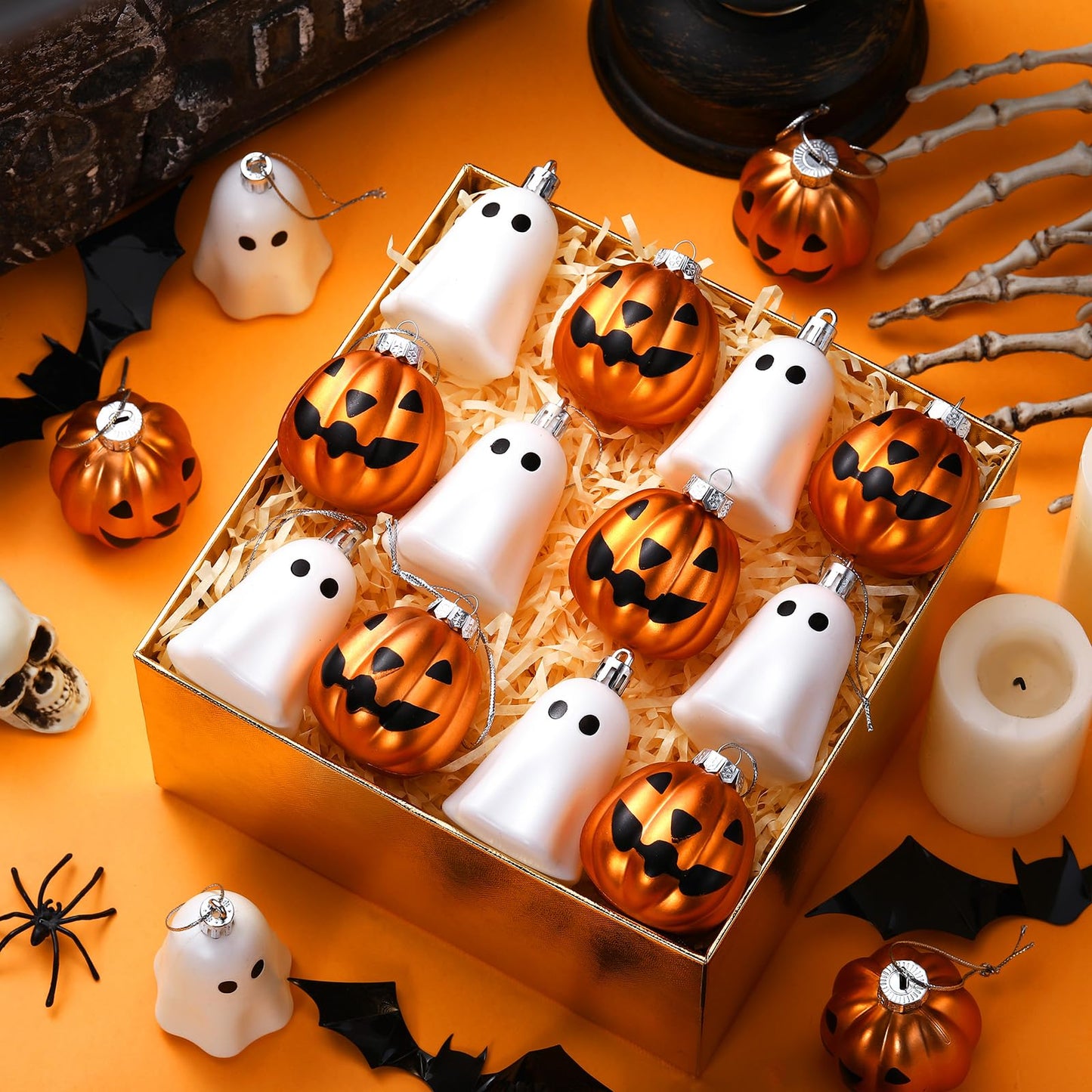 VioraWhite 20 Pcs Halloween Hanging Ornaments Cute Sliver Ghost and Gold Pumpkin Lantern Decoration Mini Plastic Halloween Tree Decorations for Home Holiday Party Decor