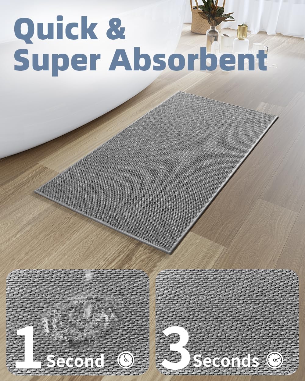 PADOOR Non-Slip Bath-Mats for Bathroom, Rubber-Backing Braided Absorbent Bathroom Mat Machine Washable Thin Bathroom Rugs Fit Under Door Quick Dry Bath Rugs for Floor, 17''x24'' Grey