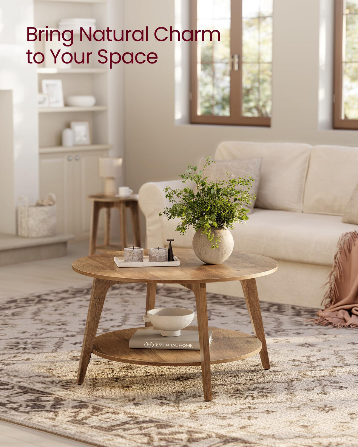 VASAGLE Round Coffee Table, 2 Tier Coffee Table with Storage, for Living Room, 31.5 x 17.7 Inches, Easy to Assemble, Honey Brown ULCT243K41