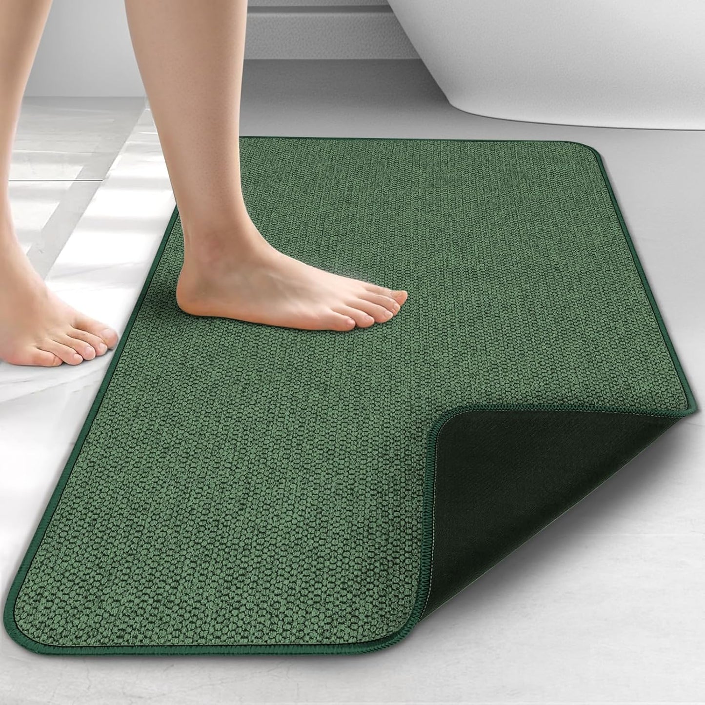 Upgraded Bathroom Rugs 19x30Inch, Thin Bath Mat with Rubber Backing Non-Slip, Absorbent,Quick Dry Machine Washable, Home Decor Accessories Cozy Cloth Bathroom Mat fit Under Door/Sink/Tub/Shower-Green