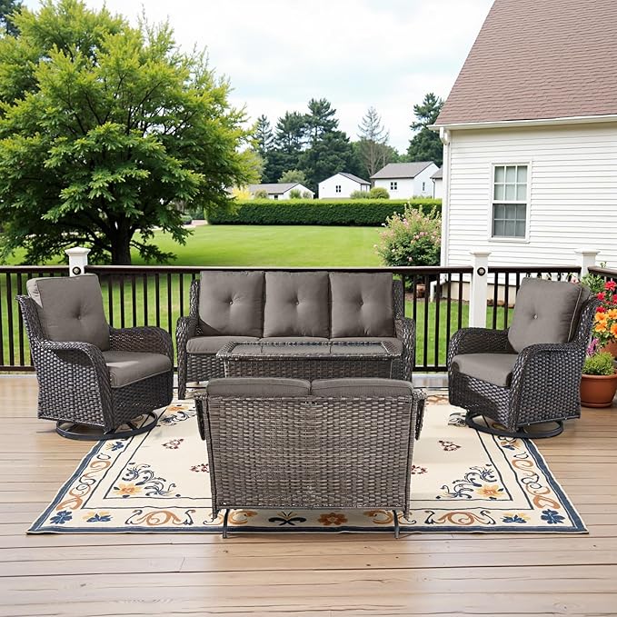 Belord 5 Piece Outdoor Patio Furniture Set - Outdoor Conversation Couch and Loveseat Glider Chair Furniture Set with Rattan Coffee Table for Deck Balcony Poolside Brown Wicker/Grey Cushions