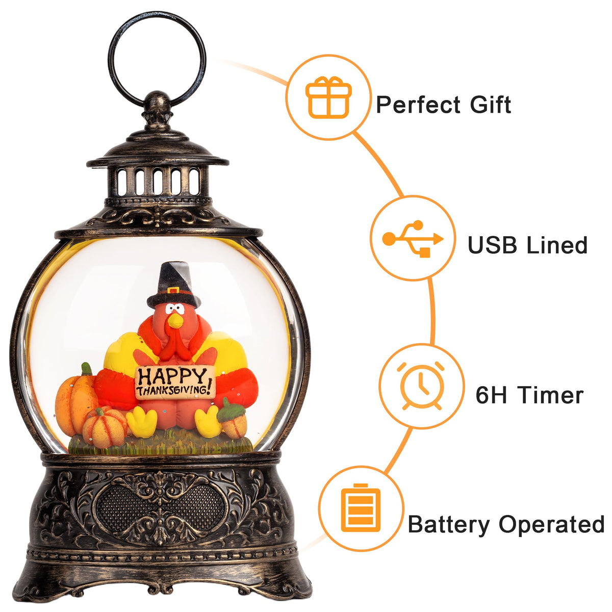 Fall Snow Globes Thanksgiving WaterLantern Swirling Glitter Snow Globe for Autumn Harvest Day Decorations Home Fall Halloween Decor Gifts (Turkey & Pumpkins)
