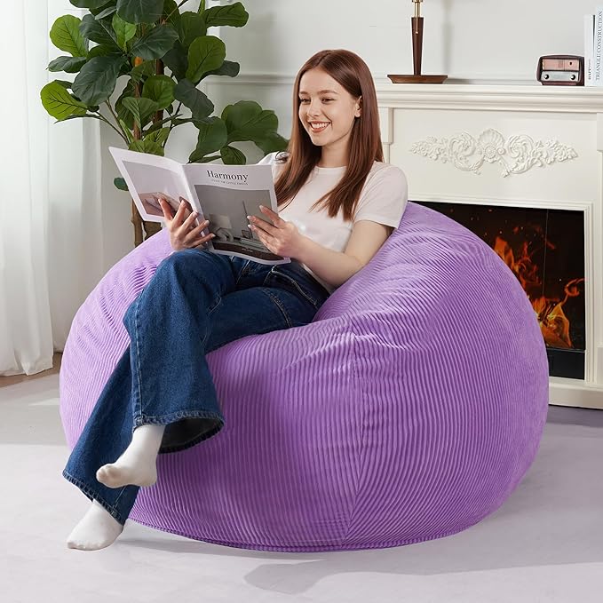 Homguava 4FT Bean Bag Chair for Adults,Teardrop Bean Bags Big Beanbag Chair with Memory Foam Filled and Ultra Soft Removable Corduroy Cover for Living Room, Bedroom (Purple)