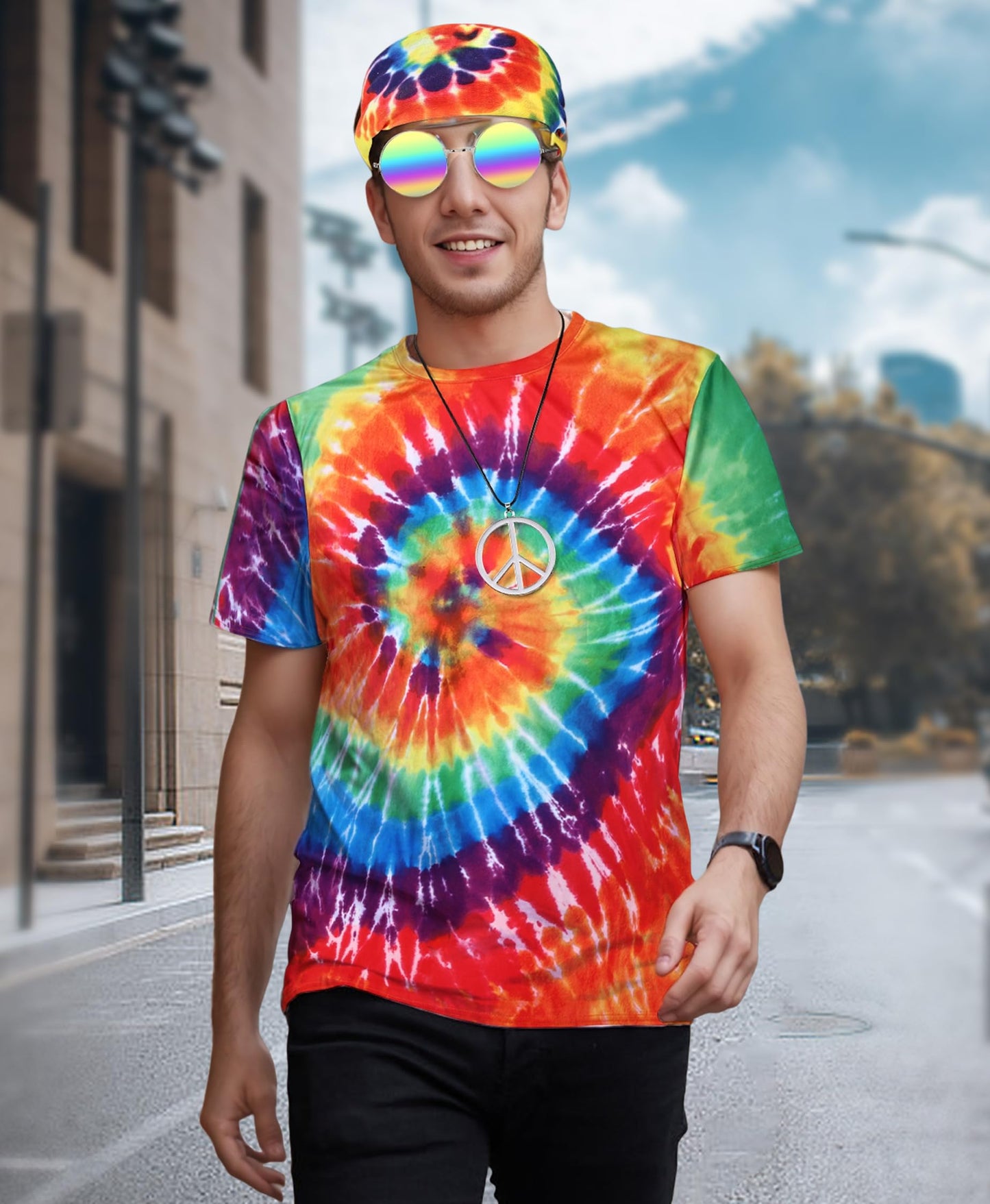 Men's Hippie Costume 60s 70s Style Colorful T-Shirt with 5-Piece Accessory Set for 70s Outfits Theme Party (XL)
