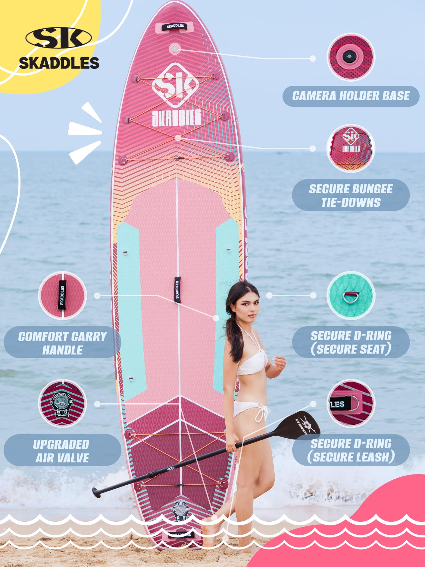 SKADDLES 11’6 × 35" Inflatable SUP–Super Wide, Stable Stand Up Paddle Board for Adults, Youth, Family & Pets, High Weight Capacity, Non-Slip EVA Deck, Premium Accessories (FLASHLINE · Firetail)