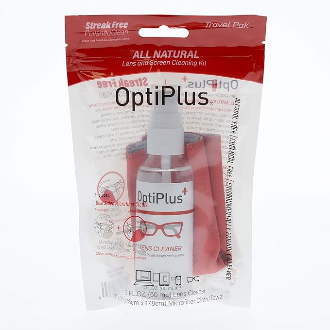 OptiPlus All-Natural Lens Cleaning Spray and Dual-Purpose Microfiber Cloth | Streak-Free Spray for Glasses, Laptops Screens, Smart Phones, Optical Lens, Goggles, and Watch Screen l Travel Size l 2oz