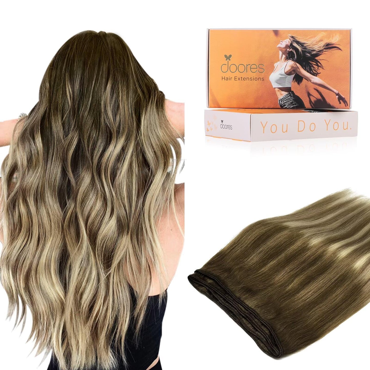 DOORES Weft Hair Extensions Human Hair, 20 Inch 100g Balayage Walnut Brown to Ash Brown and Bleach Blonde, Sew In Real Hair Weft