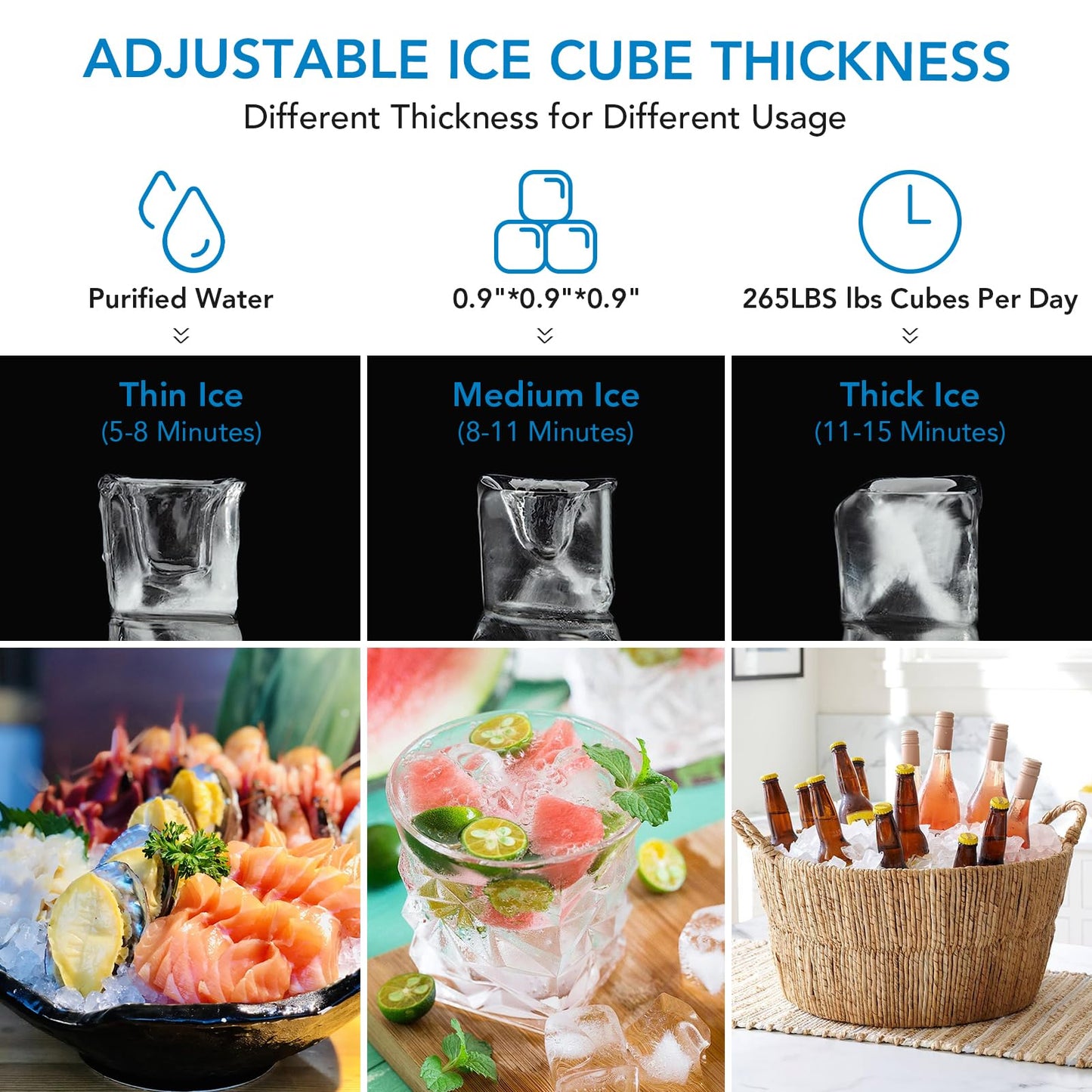 Commercial Ice Maker Machine 265 Lbs Daily Production - 55 Lbs Storage Bin with Energy Saving Quiet 580W Compressor, LCD Display & Auto Clean, Ice Cube Machine for Home, Bar, Restaurant, Party