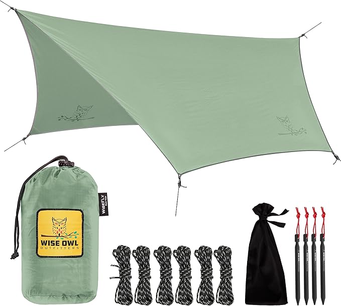 Wise Owl Outfitters Hammock Rain Fly – Waterproof Camping Tarp Cover with Tent Stakes & Carry Bag, Ultralight Shelter for ...