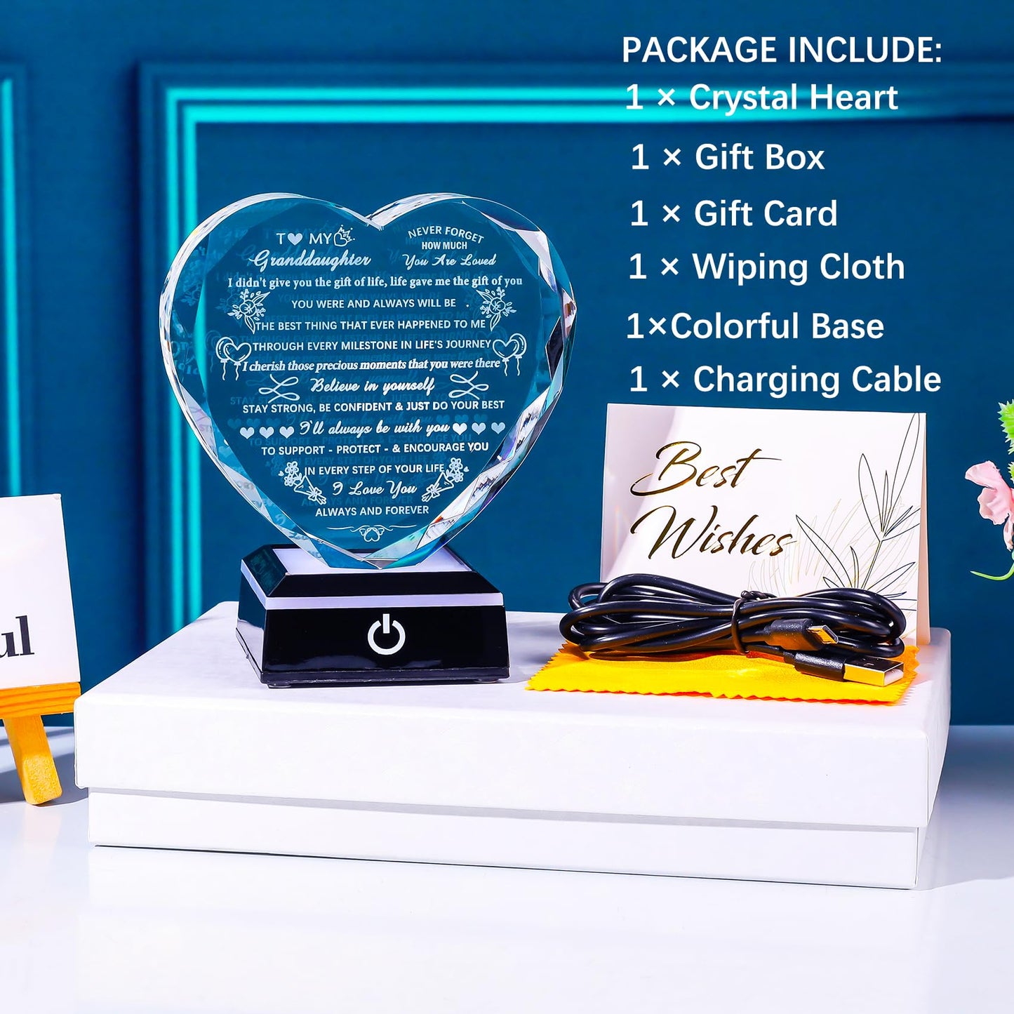 Arikyrist Granddaughter Gifts with Colorful LED Base Crystal Heart Birthday Gifts for Granddaughter from Grandparents Meaningful to My Granddaughter Gift for Christmas Wedding Day Graduation