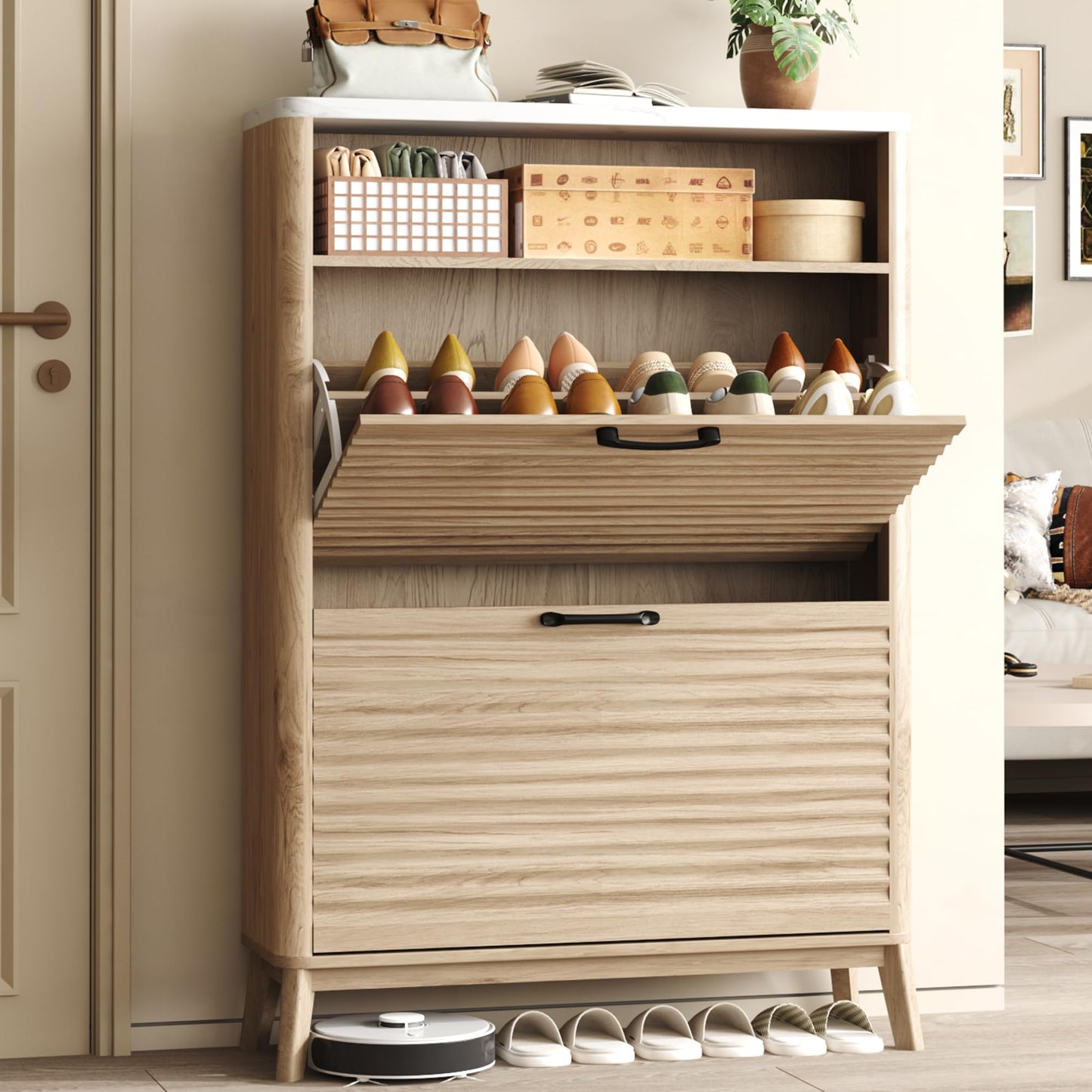 HOMEFORT Shoe Storage Cabinet for Entryway, 31.5" Fluted Shoe Cabinet with 2 Flip Drawers, Mid-Century Modern Hidden Shoe Rack Organizer, Slim Shoe Cabinet for Front Door Entrance, Natural Oak