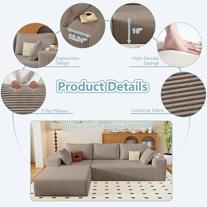 96" Cloud Sectional Couch with L-Shape Chaise, Modern Corduroy Boneless Couch for Living Room,Memory Foam Sofa with Deep Seat,No Assembly Required (Camel,Left-Facing Chaise)