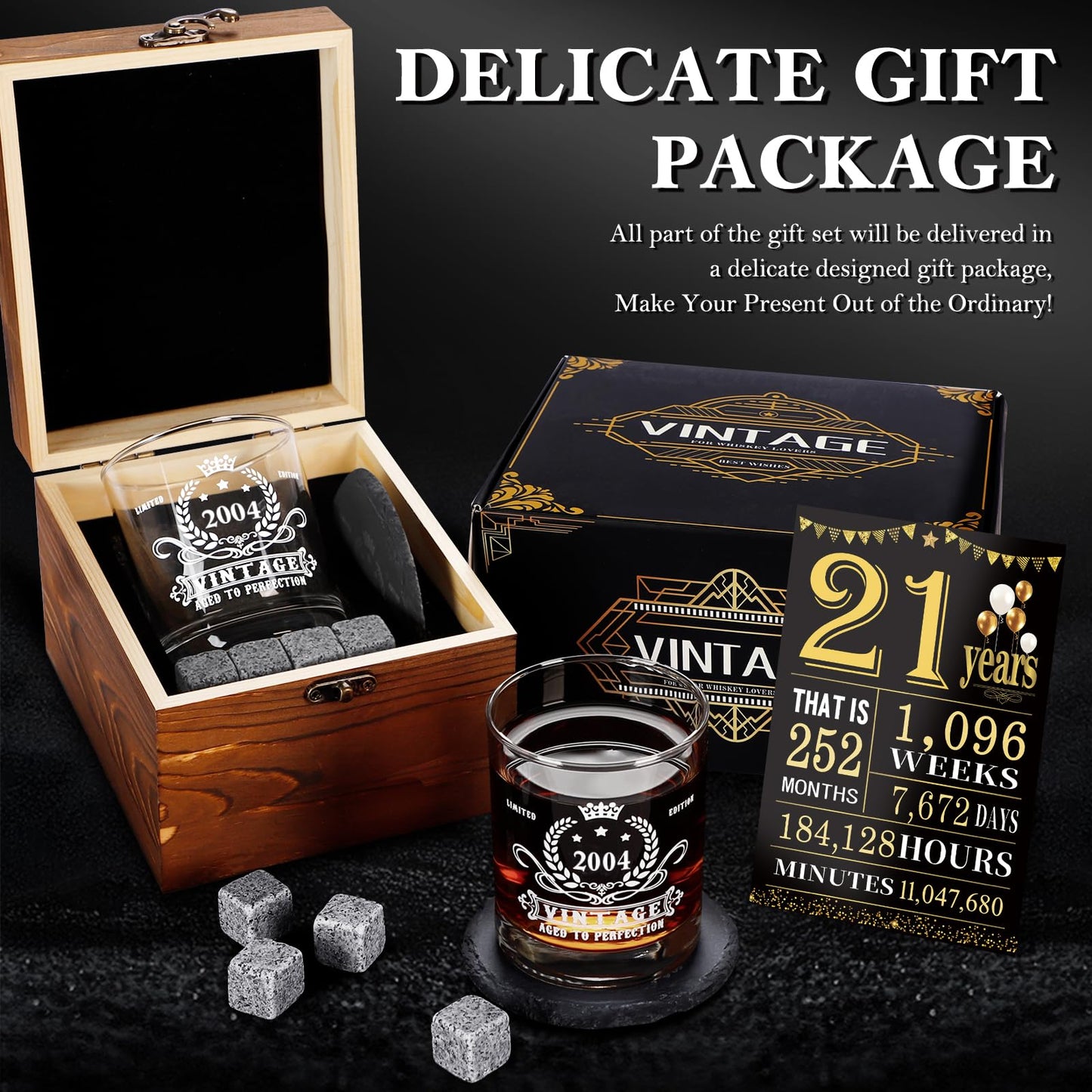 YeohJoy 21st Birthday Gifts for Him,Vintage 2004 Whiskey Glass Set,Wood Box &2004 Poster Anniversary Card & Whiskey Stones & Coaster,Bday Gifts Ideas for Him, Dad, Husband