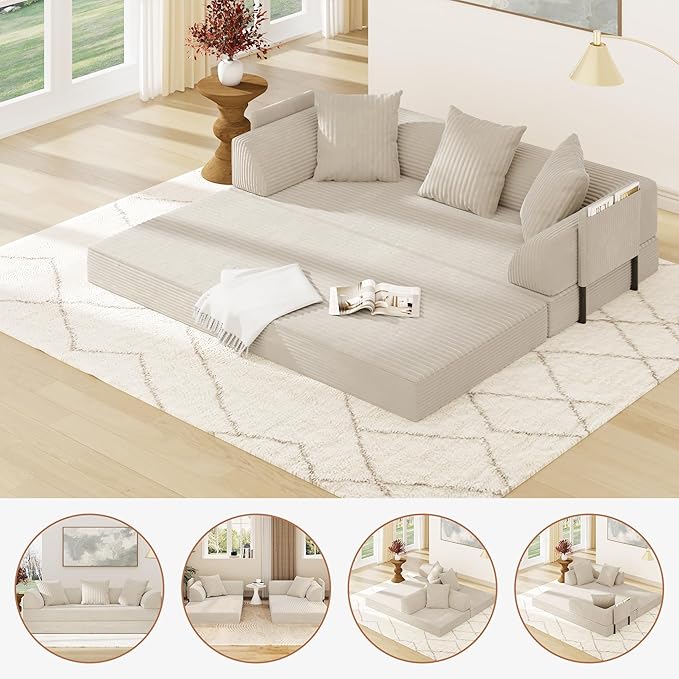 Folding Convertible Sofa Bed with 3 Pillows, 79 " Corduroy Boneless Couch with Armrest Pockets, Lounge Loveseat Sleeper with Pull Out Bed, Memory Foam Compressed Sofa for Living Room Bedroom, Beige
