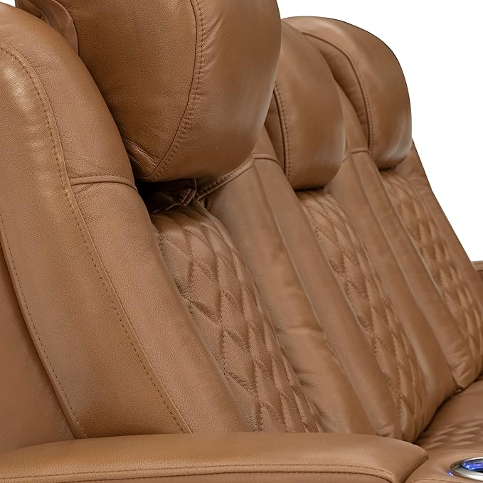 Seatcraft Anthem Italian Leather Sofa w/Fold-Down Table, Living Room, Power Headrest, Power Recline, Tan Oak