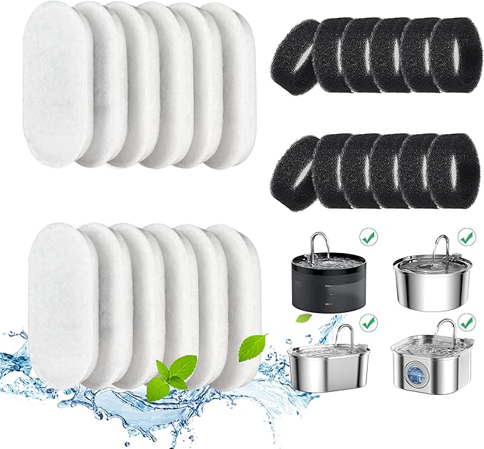 Cat Water Fountain Filters, 24 Pack Cat Fountain Filters, Cat Fountain Replacement Filters for 67oz/2L&108oz/3.2L Stainles...