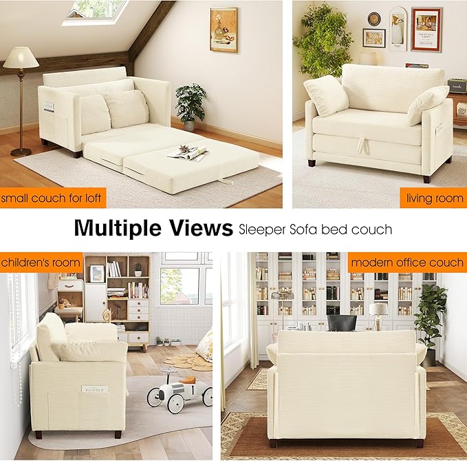 kakuboohi 51" Loveseat Sleeper Sofa Bed, Corduroy Convertible Floor Sofa Bed for Small Spaces, Folding Couch Bed with Deep Seat, 2 Pillows & Solid Frame, Pull Out Floor Couch for Living Room, Beige