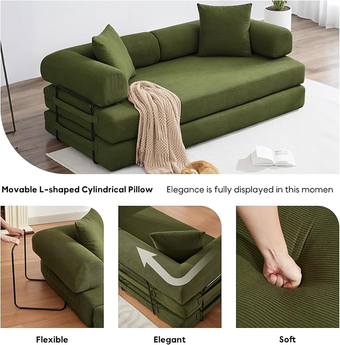 ZEIINPA Convertible Sleeper Sofa Bed with Cylindrical Pillow, Corduroy Folding Mattress Couch with Fixed-Shape Frame, Floor Sofa Lounge Couch for Living Room Bedroom Lounge Studio-Green