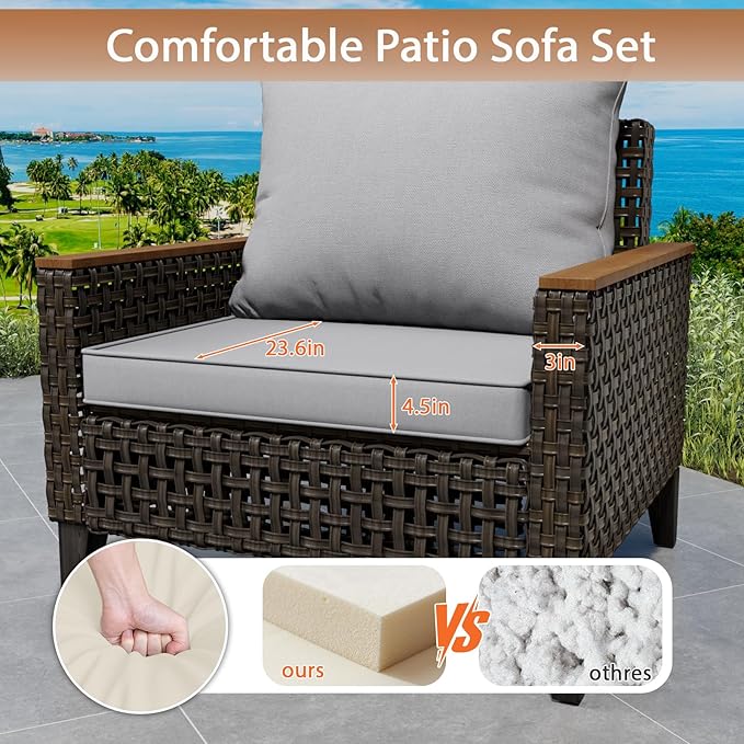 Xmkmvk 8 Piece Patio Sectional Sofa Set with 50000 BTU Fire Pit Table, All-Weather Wicker Rattan Outdoor Conversation Set, High Back, for Garden, Porch, Poolside, Gray