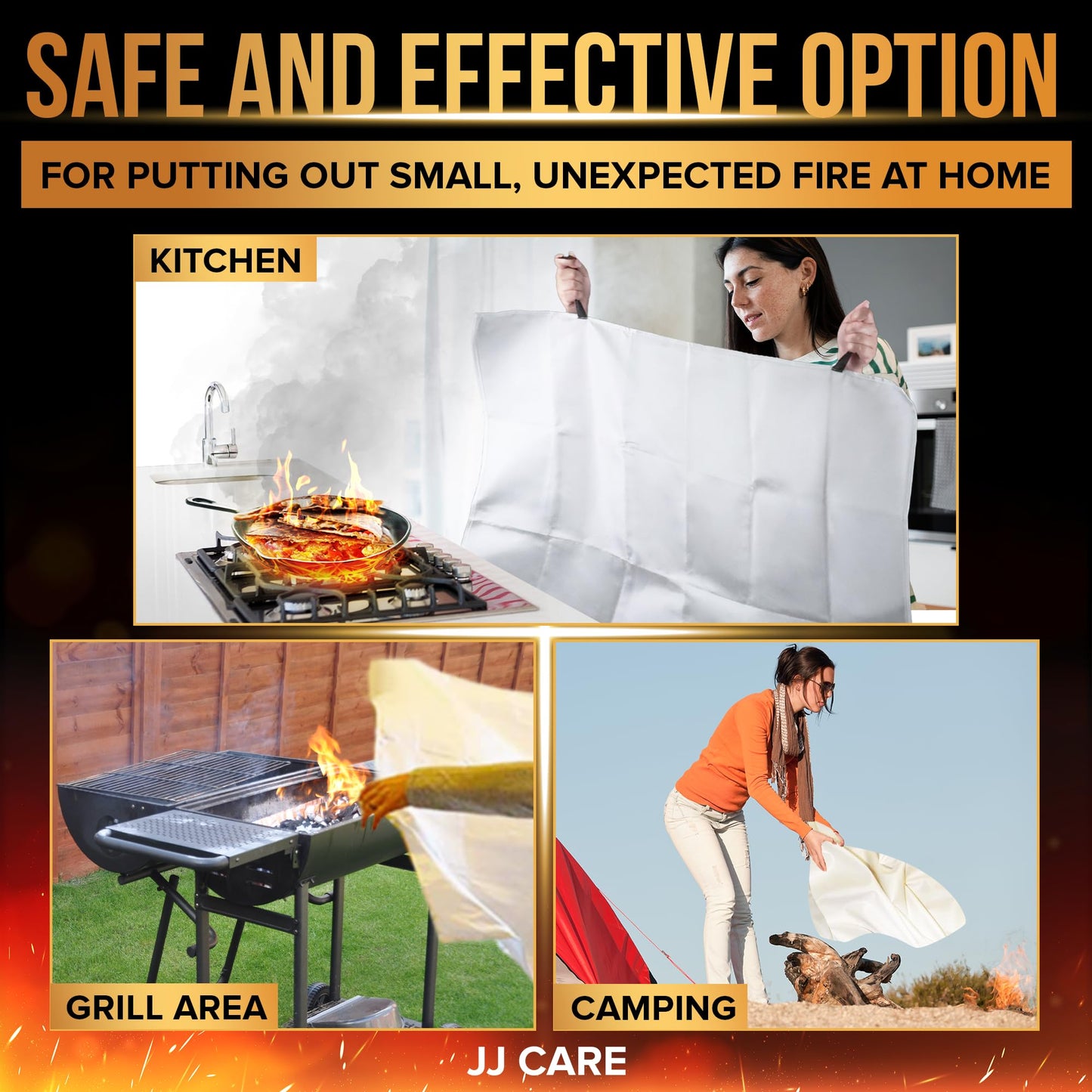 JJ CARE Fire Blanket – 9 Packs with Hooks and Gloves – 40” x 40” Fire Blankets Emergency for Home and Kitchen, High Heat Resistant and Flame Protection for Kitchen, Car, Office, Camping & Home Safety