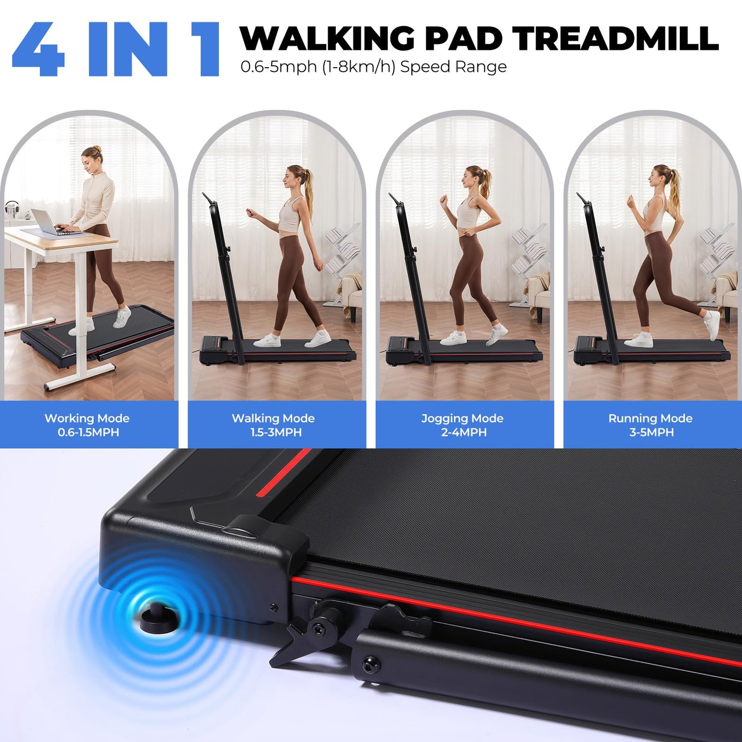 GTPLAYER Walking Pad Treadmill with Adjustable Height Handle Bar, 3HP Quiet Foldable Under Desk Treadmill, Portable Treadmills for Home 350LBS with Remote Control LED Display, Red