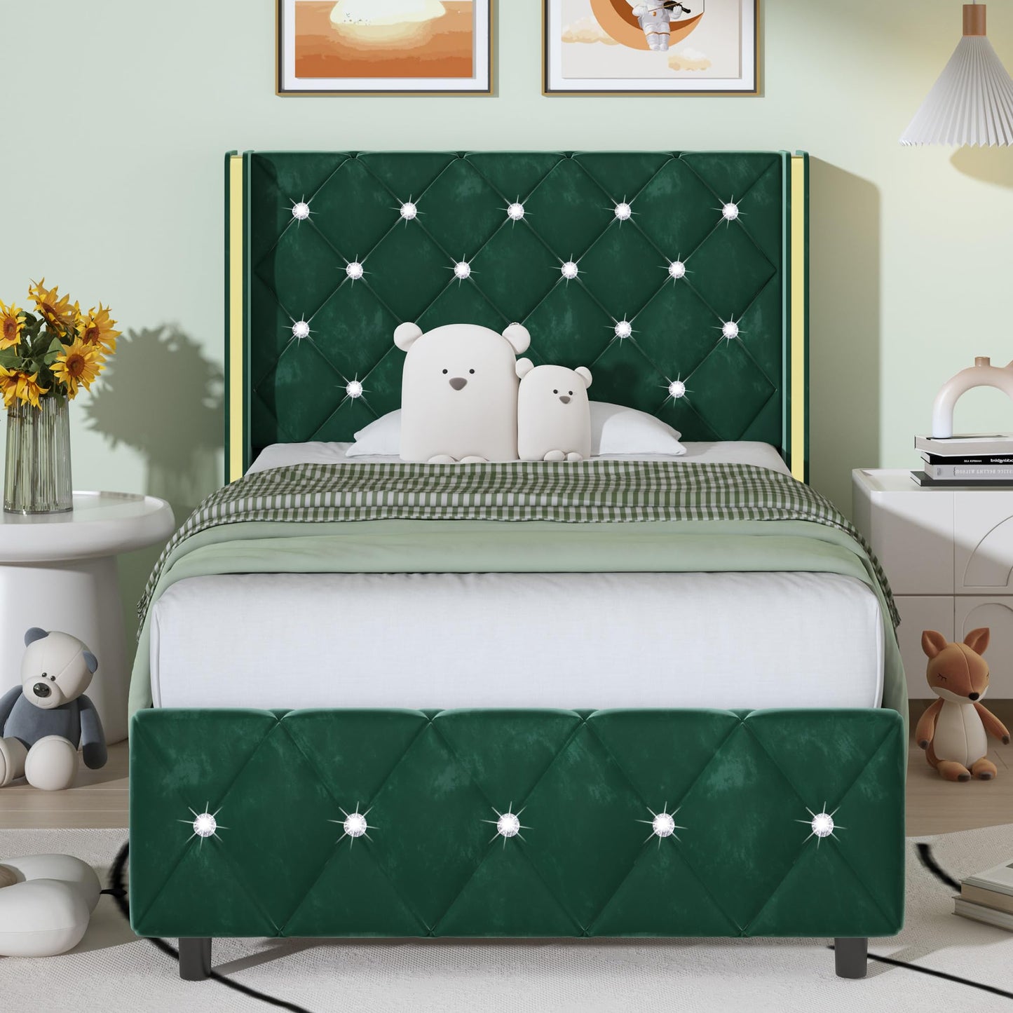 HOMBCK Twin Bed Frame with Headboard and Wingback, Upholstered Bed with Diamond Tufted Design, Kids Bed Frame with Wooden Slats Support, No Box Spring Required, Easy Assembly, Green