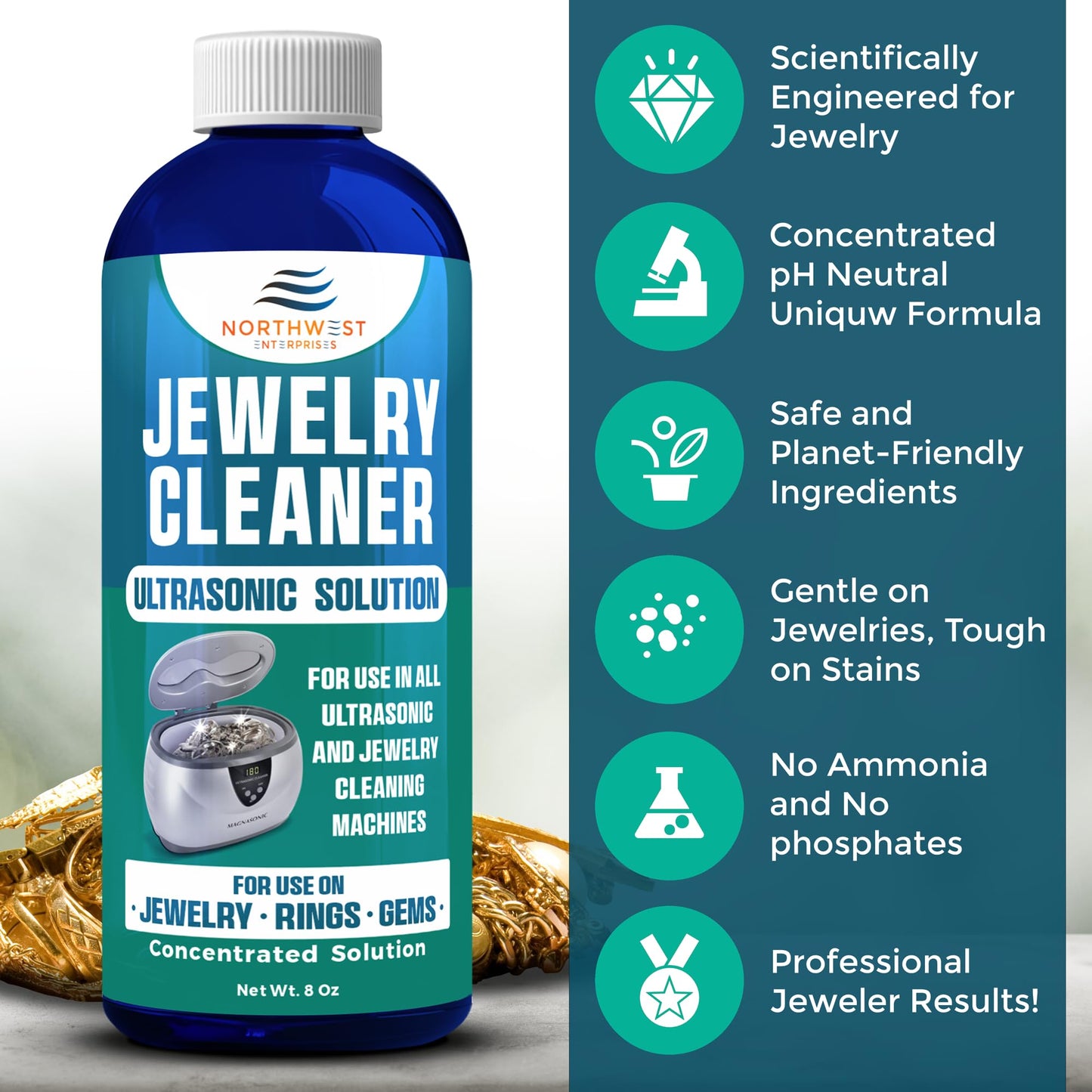 NORTHWEST ENTERPRISES Ultrasonic Cleaner Solution for Jewelry Cleaning. Concentrated Jewelry Cleaner for Gold, Platinum Diamonds