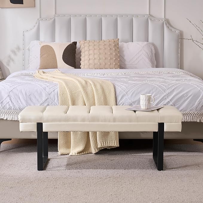 AIITTCC Faux Leather Ottoman Bench, Tufted Padded End of Bed Bench with Metal Legs, Upholstered Shoe Bench for Bedroom Living Room Entryway Window (Beige White, 46" Wide)