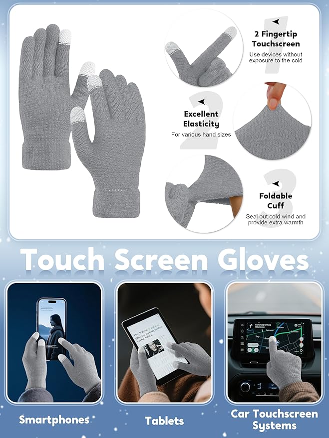 URATOT 4-In-1 Winter Warm Sets Knitted Scarf Touch Screen Gloves Beanie Pompom Hat and Winter Ear Warmer for Men or Women