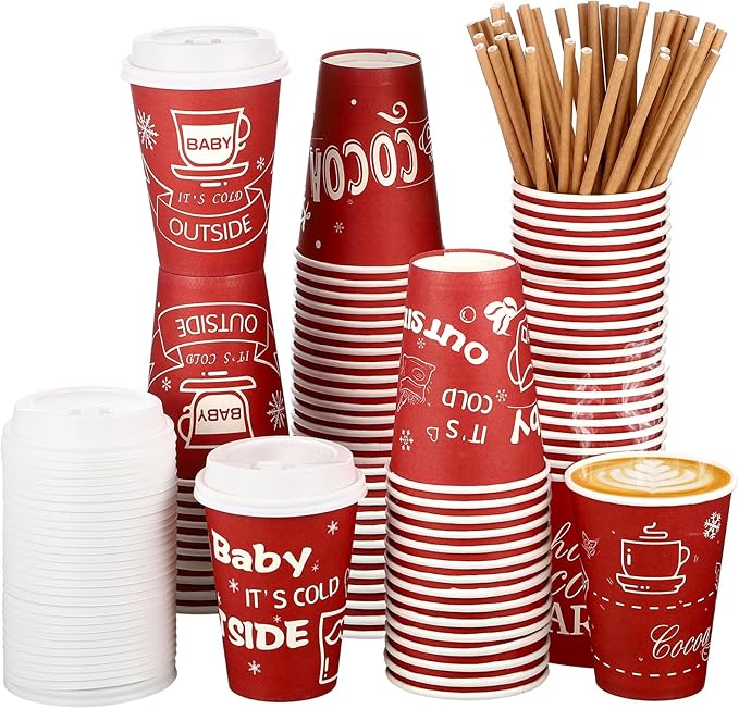 Suttmin 48 Pcs 12 oz Hot Cocoa Bar Disposable Coffee Cups Christmas It's Cold Outside Tea Paper Cup with Lid and Straw for...