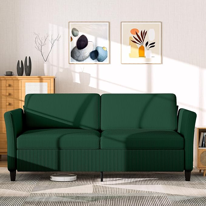 Valthie 79.1" Corduroy Loveseat Sofa, Modern Comfy Couches with Side Pocket, 3-Seater Sofa Couch for Living Room, Bedroom and Small Spaces,Green
