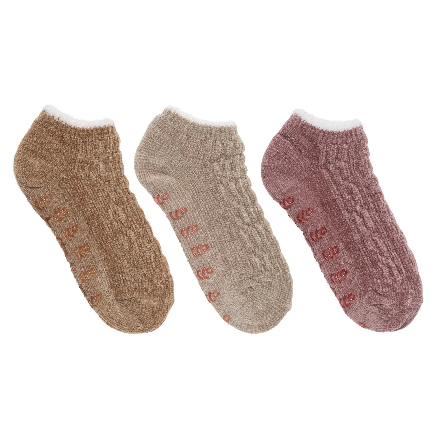 Cuddl Duds Women Cozy Lined Super Soft 3 Pair Pack Low Cut with Grippers Lounge Socks, Oatmeal